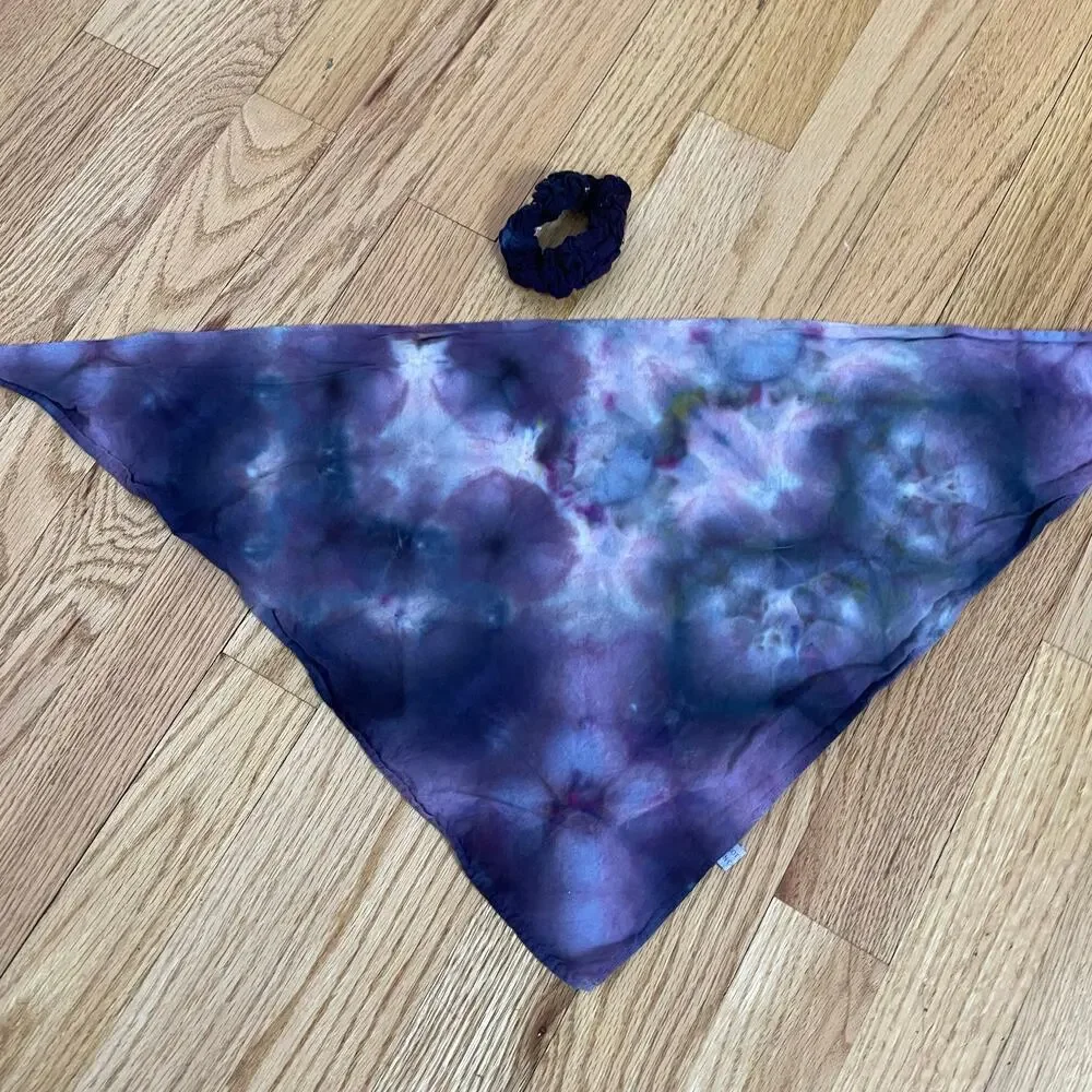 tie dye bandana and hair scrunchie combo purple black gray